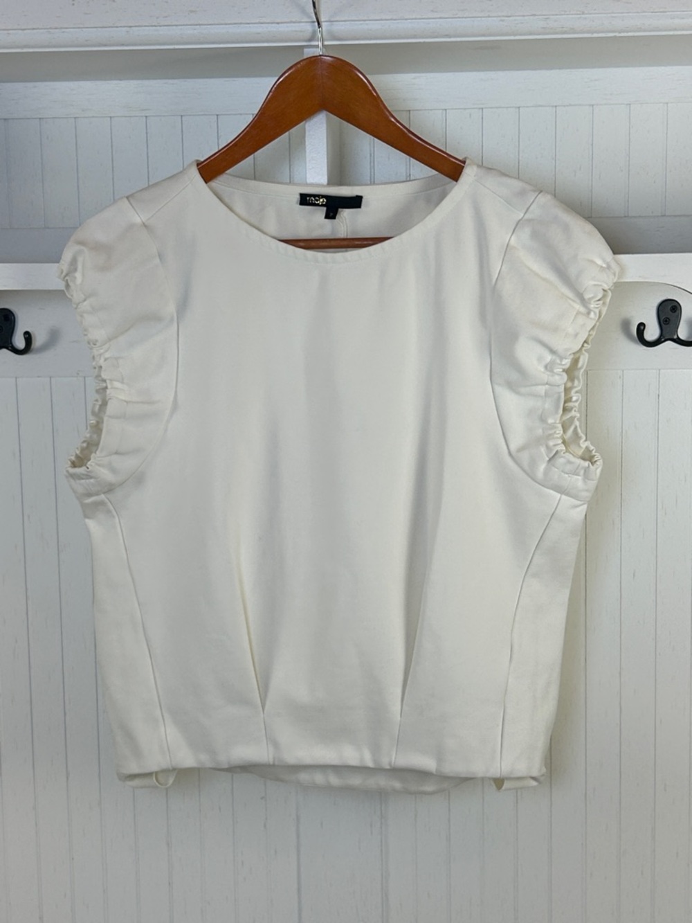 Maje White Ponte Knit Ruched Cap Sleeve Top Size 2